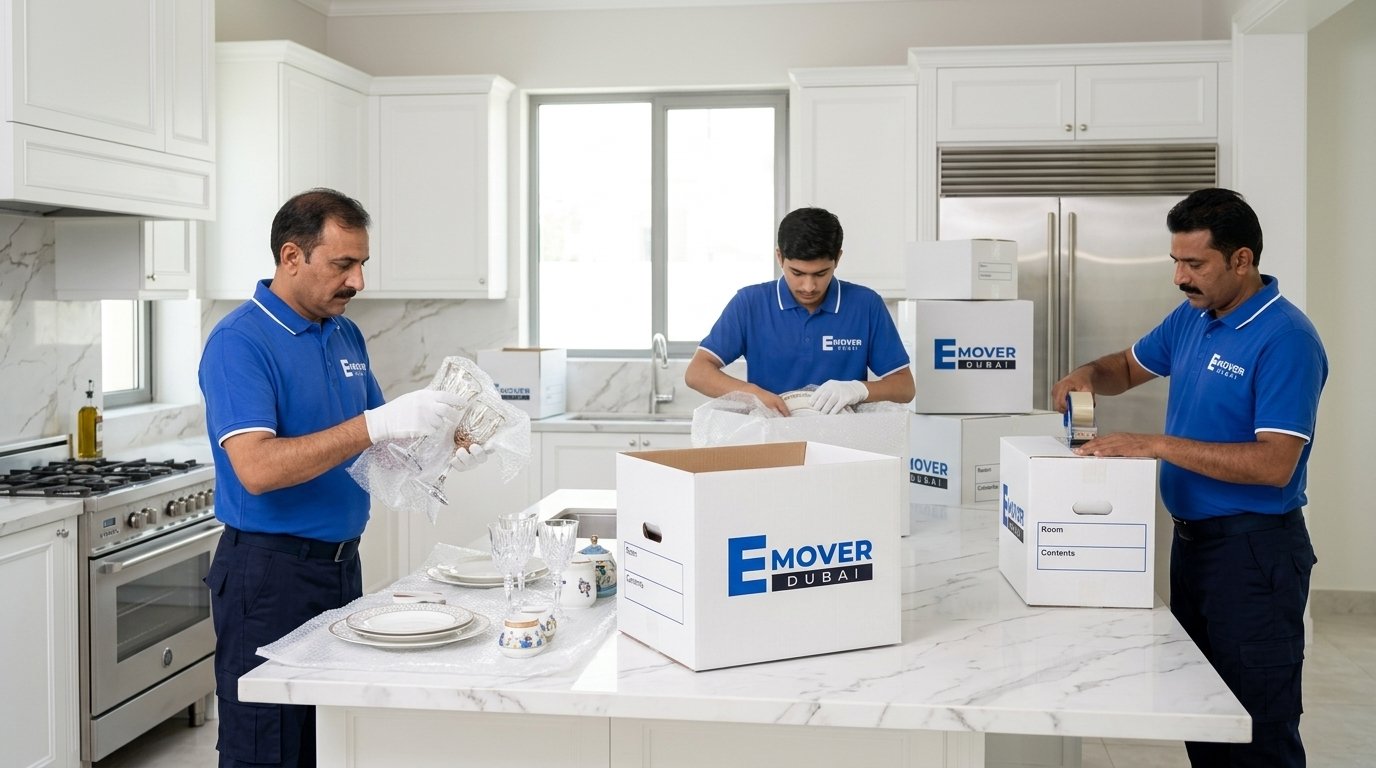 eMover Dubai uniformed crew carrying protected furniture out of a villa