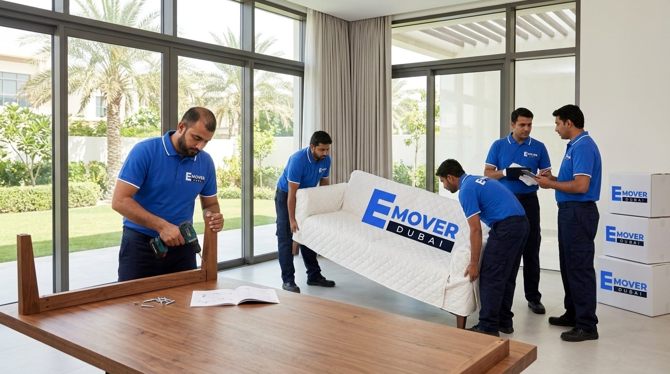 Two movers carrying a blanket-wrapped sofa down a residential stairwell