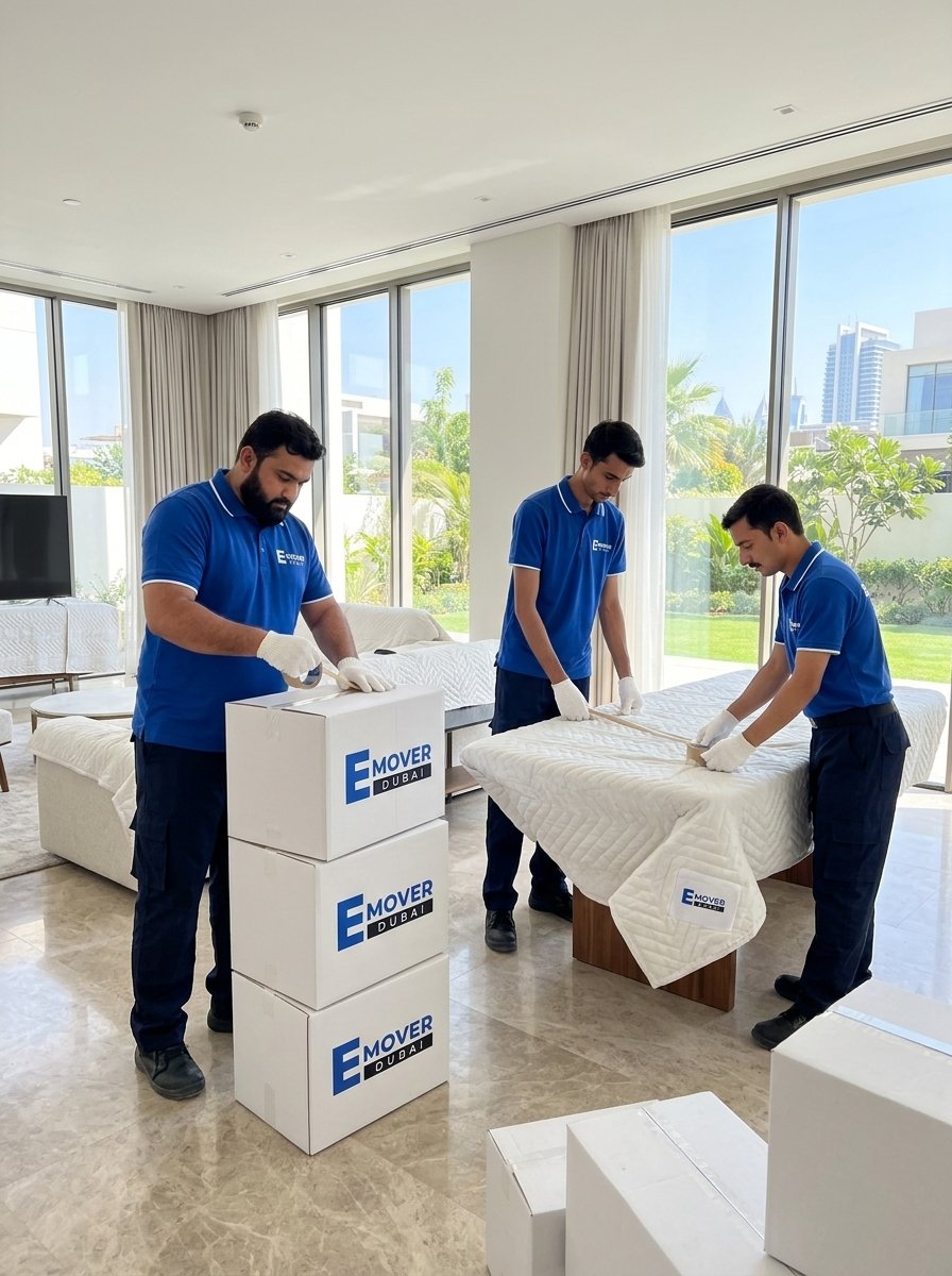 Movers carrying boxes through a Dubai apartment building corridor