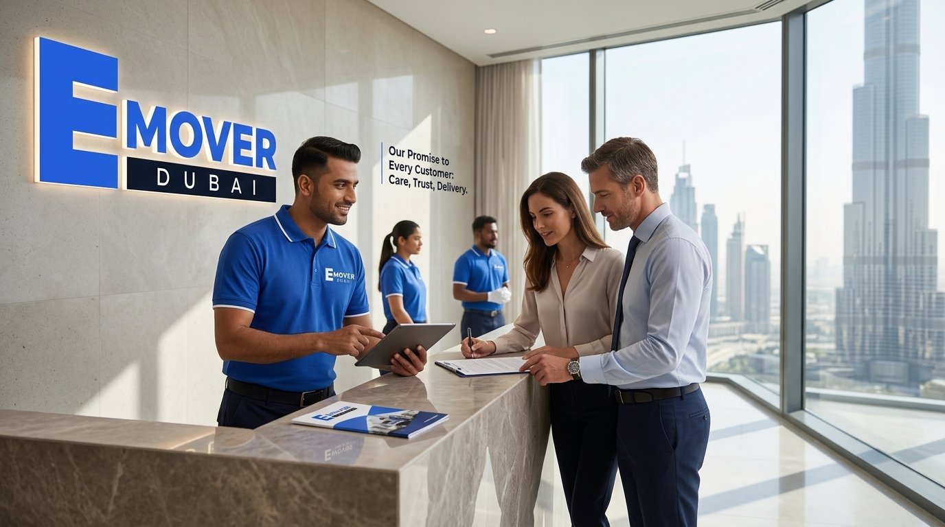 eMover Dubai crew loading a wrapped sofa into an enclosed moving truck