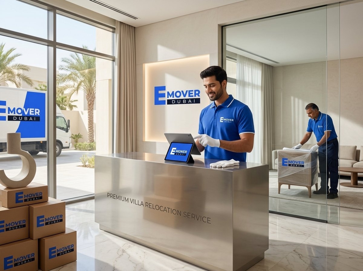 Office relocation team packing labelled crates in a Business Bay workspace