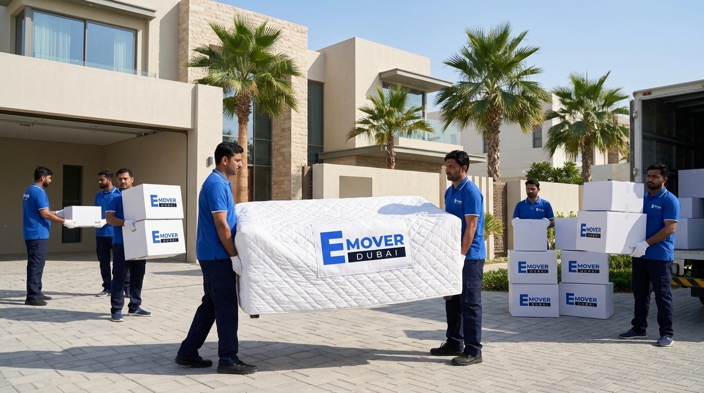 Villa relocation crew loading outdoor furniture into a moving truck